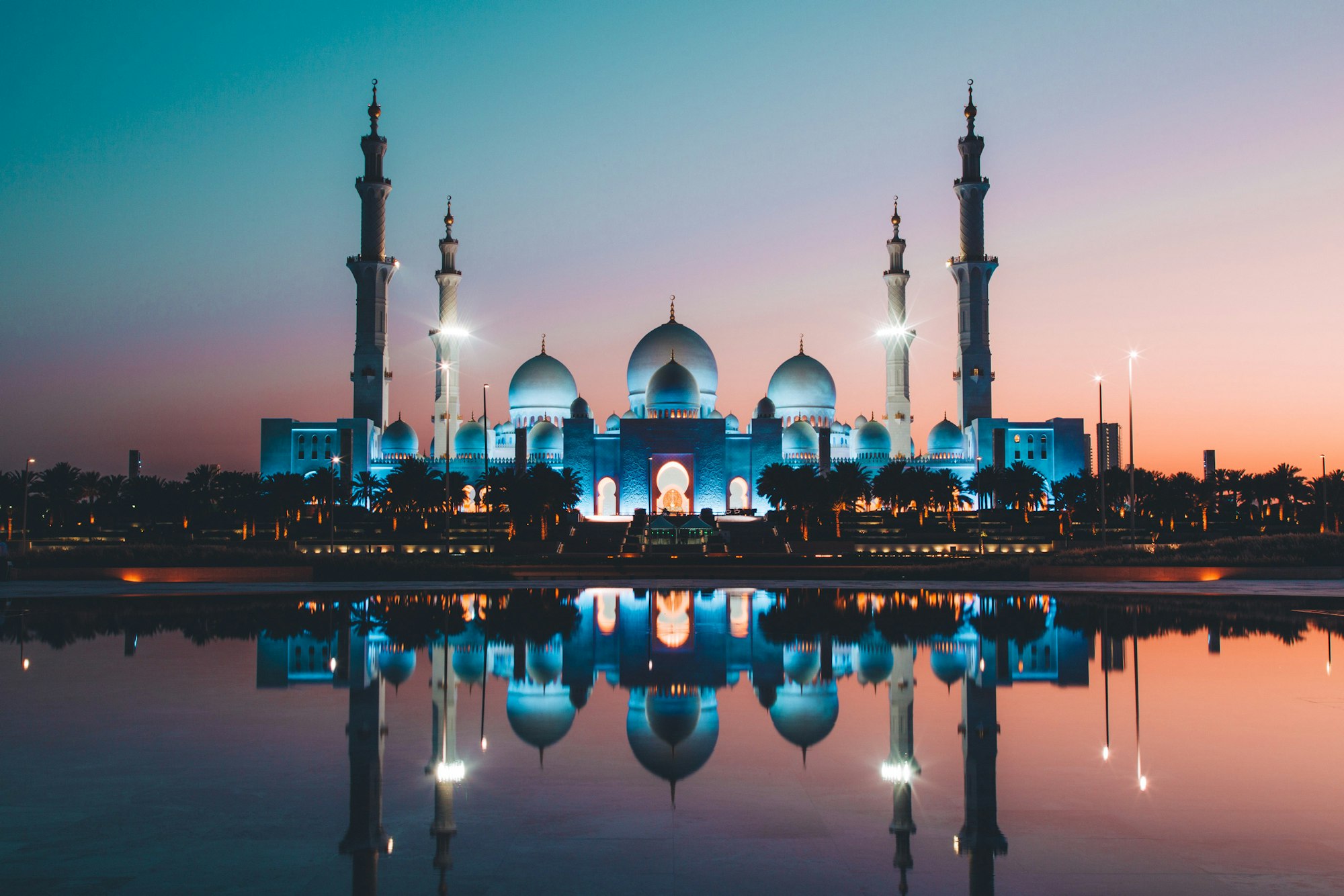 Sheikh Zayed Grand Mosque reflection pools in Abu Dhabi, UAE