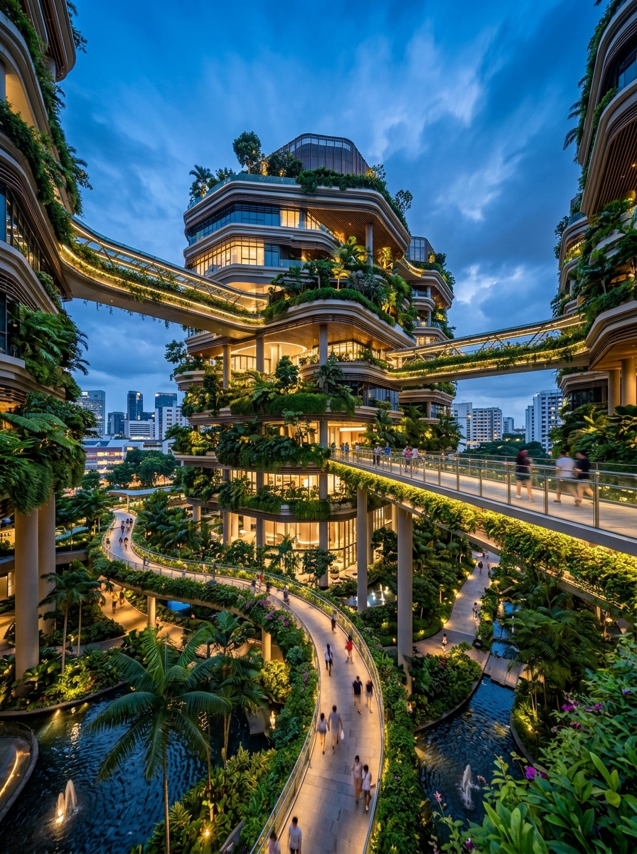Lush tropical green architecture and urban landscape in Jurong East, Singapore
