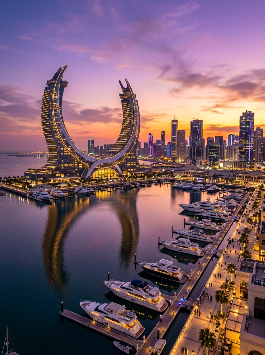 Futuristic Katara crescent towers and waterfront skyline in Lusail, Qatar