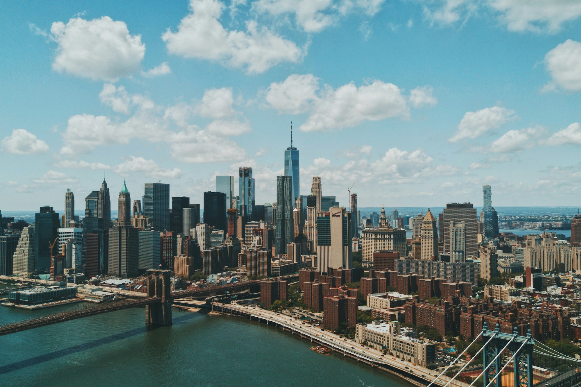 Manhattan skyline and iconic skyscrapers at sunset, New York