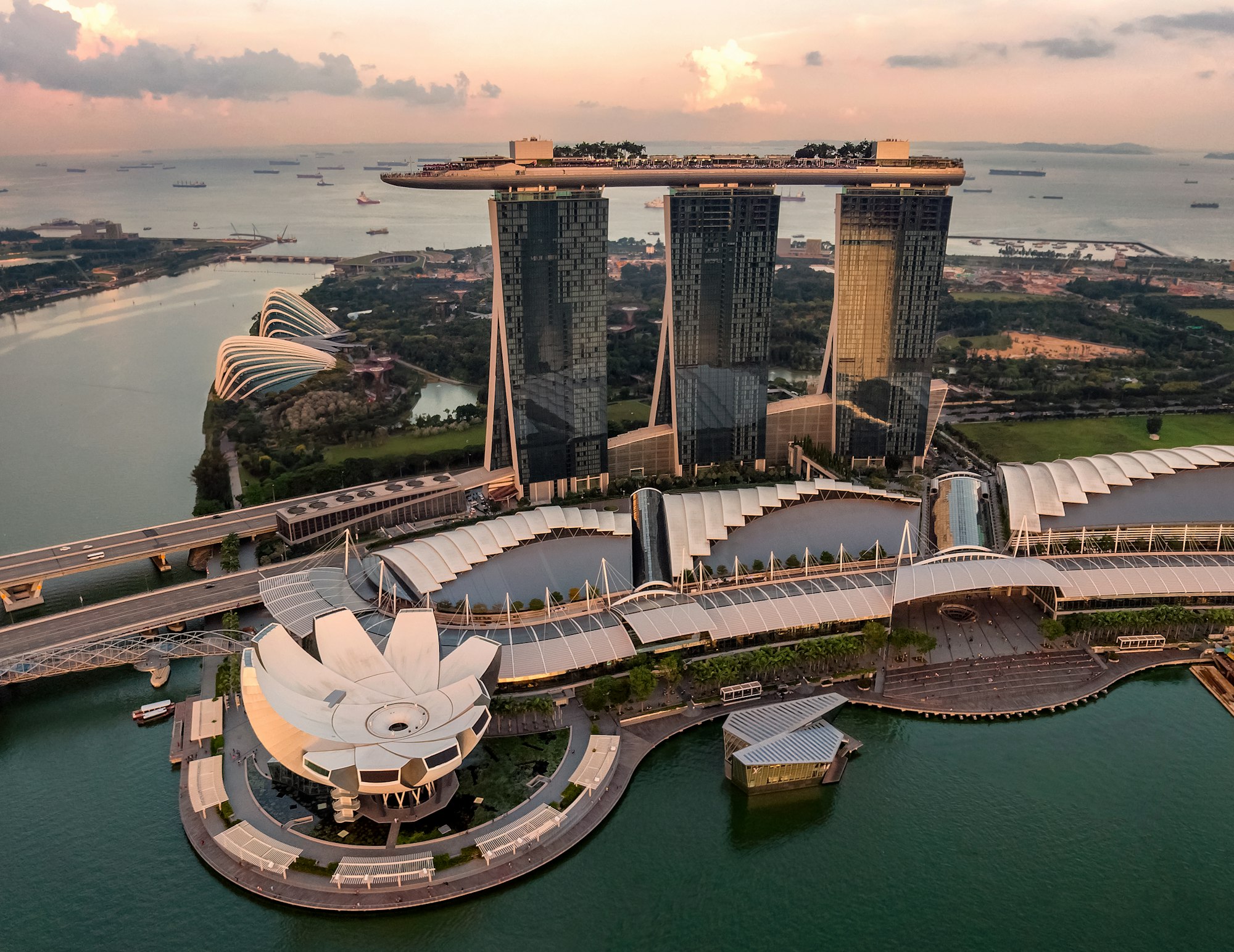 Marina Bay Sands and glittering city skyline reflection, Singapore