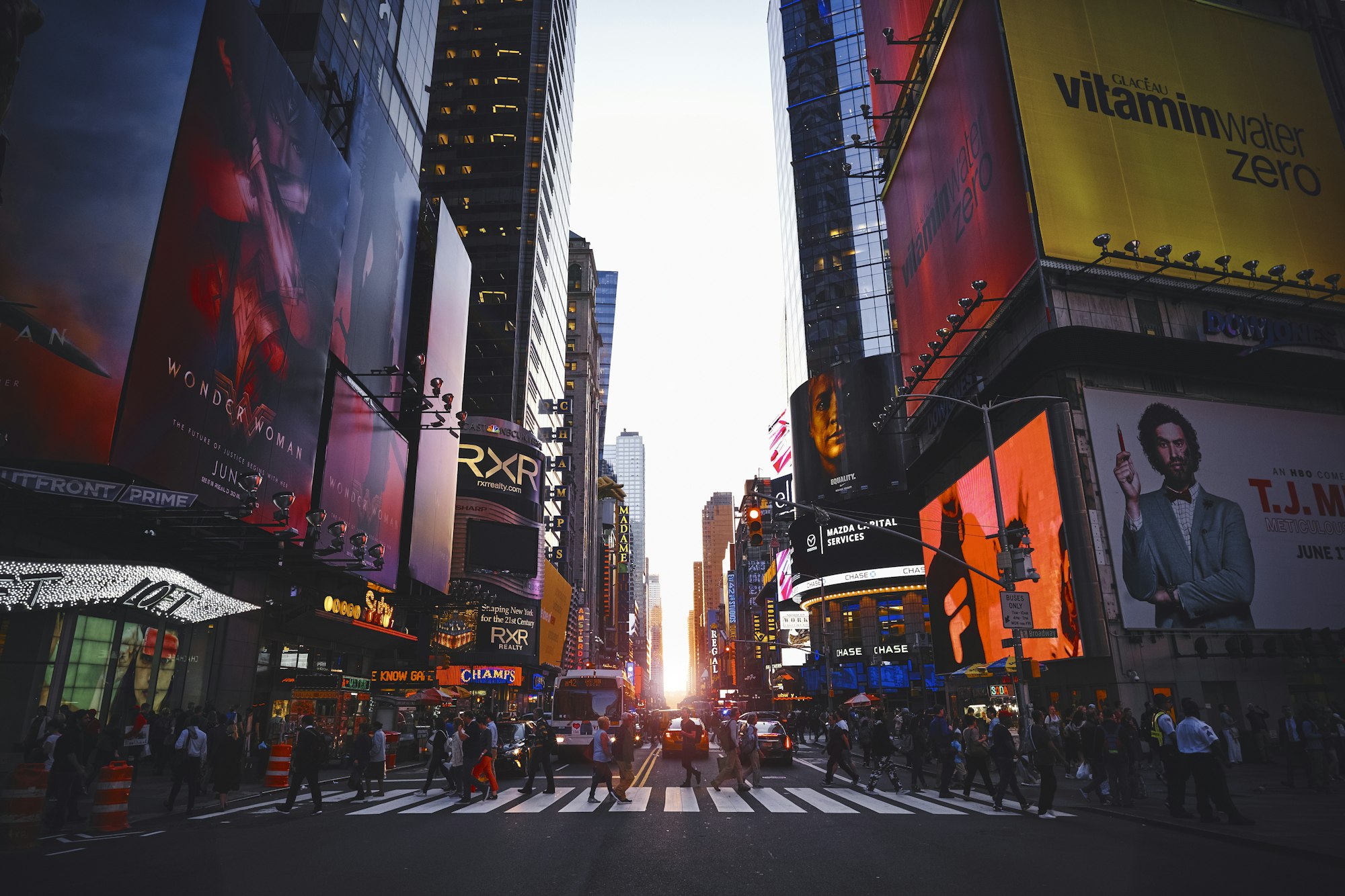 Vibrant yellow cabs and dazzling lights of New York City, USA