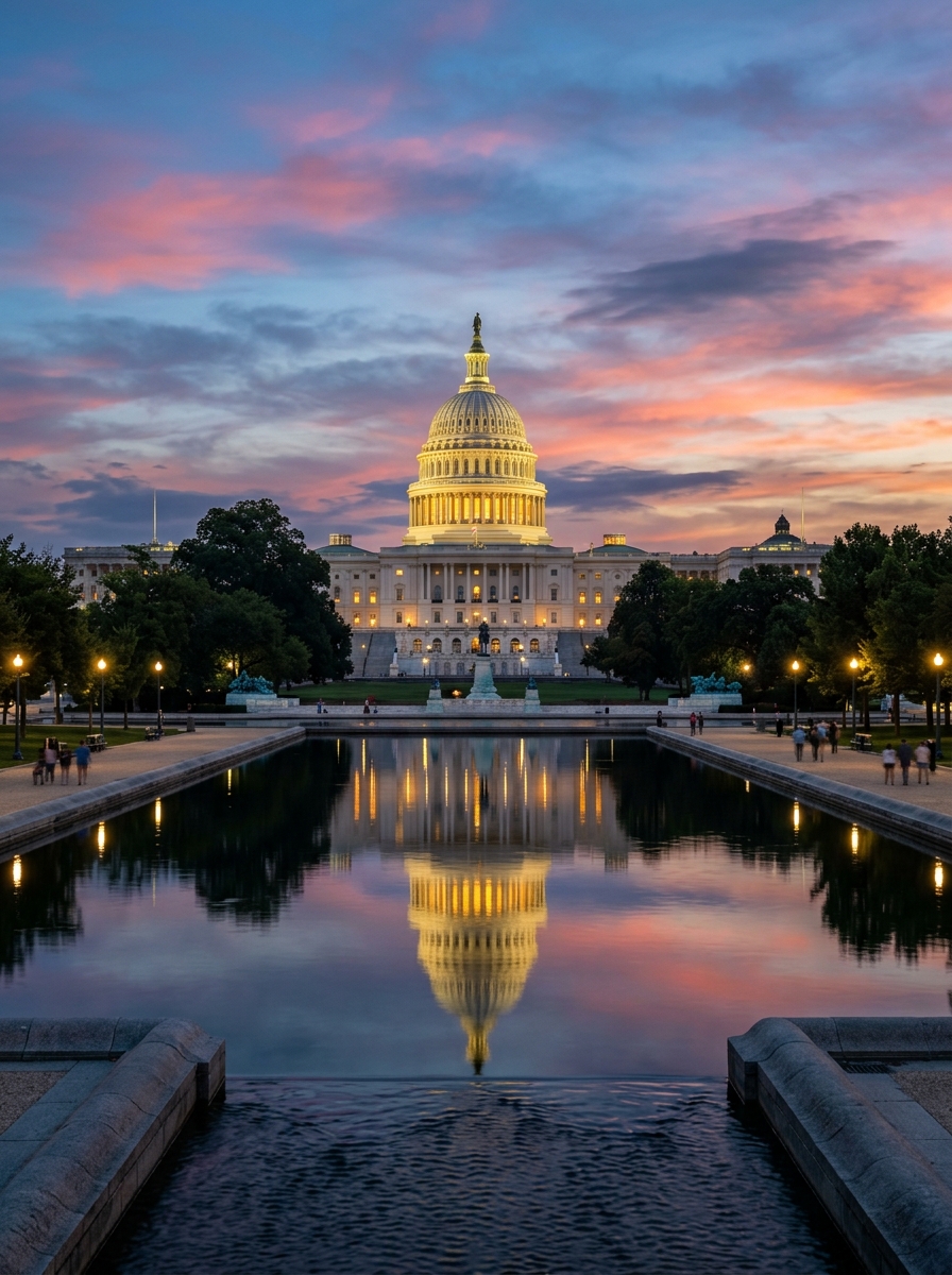 United States Capitol dome at twilight in Washington DC, USA